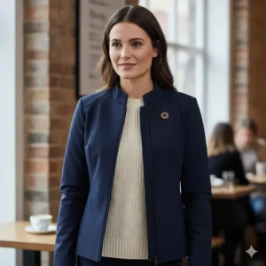 A stylish, slim-fit navy blue heated jacket for women worn over a woolly jumper.