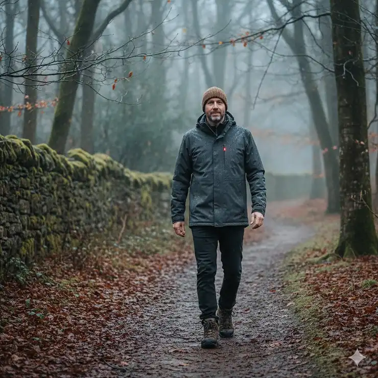 A person wearing a high-quality heated jacket while walking in a misty British woodland during winter. best heated jackets UK