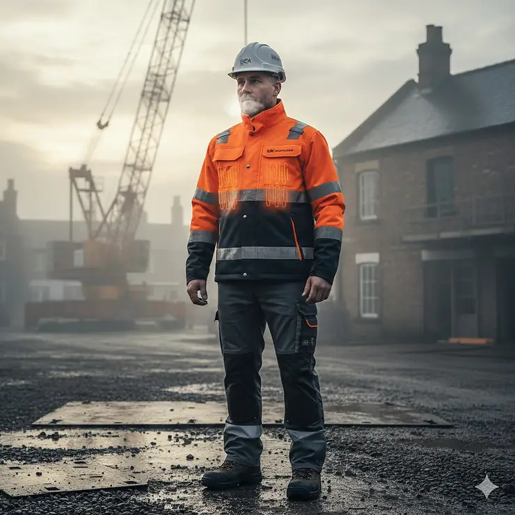 A person wearing a high-visibility heated work jacket on a misty UK construction site, a top-rated Milwaukee heated jacket alternative for winter.