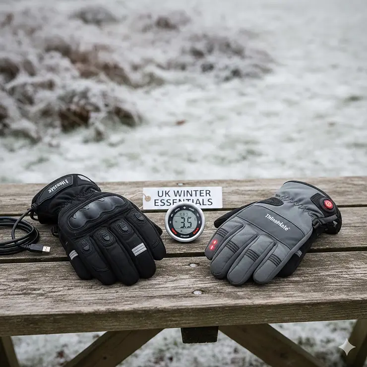 A side-by-side comparison of two pairs of rechargeable heated gloves featuring different heating element layouts for winter sports in the UK. rechargeable heated gloves comparison