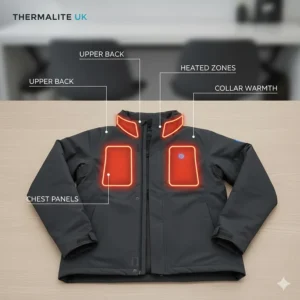 Diagram showing carbon fibre heating elements across the back, chest, and collar of an electric heated jacket.