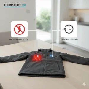 An icon-based illustration highlighting the overheat protection and auto-shutoff safety features of the electric heated jacket.