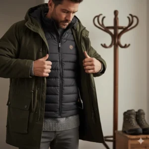 A lightweight heated gilet worn as a mid-layer under a heavy British parka.