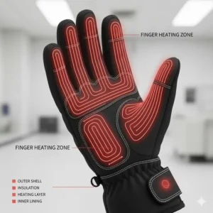 Illustration showing the distribution of heating elements across the fingers and back of the hand in a premium heated glove.
