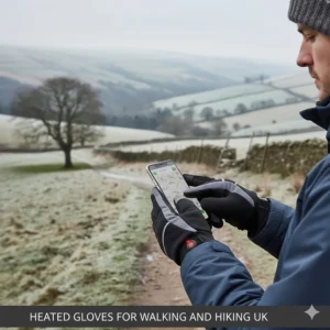 A person using touch-screen compatible heated gloves while hiking in the British countryside during winter.