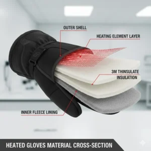 A cross-section diagram showing 3M Thinsulate insulation and the heating layer in a high-end heated glove.