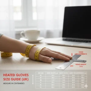 A hand measurement guide for heated gloves using centimetres, ensuring a proper fit for UK customers.
