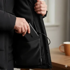A slim USB power bank being tucked into the internal pocket of a black heated jacket.