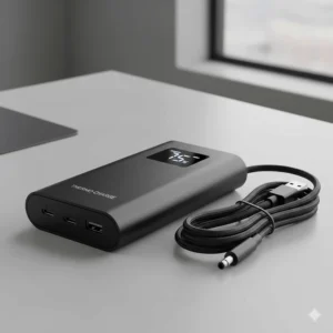 A compact portable power bank and USB charging cable for a men's electric heated coat.