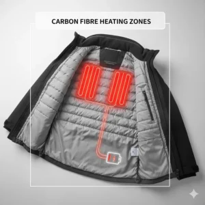 A diagram showing the carbon fibre heating zones across the chest and back of a winter coat.