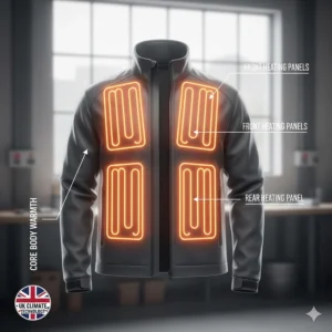 Illustration showing the chest and back heating zones of a premium heated jacket designed for UK sub-zero temperatures.