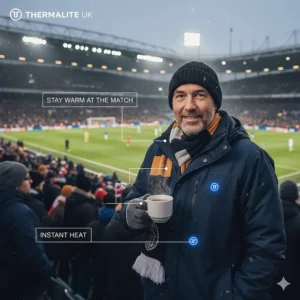 A fan at a cold British football stadium staying warm in a navy blue electric heated jacket.