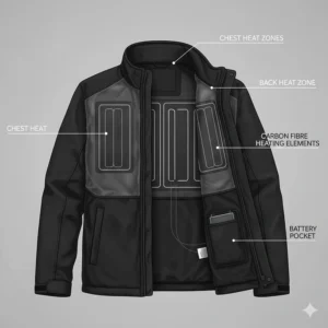 Illustration showing the internal carbon fibre heating zones on the chest and back of a men's heated jacket.