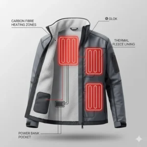 An illustration showing the placement of carbon fibre heating elements across the chest and back of a thermal jacket.