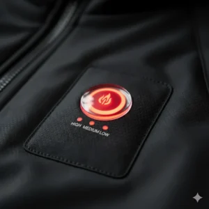 Close-up of the LED chest button used to toggle between high, medium, and low heat settings.