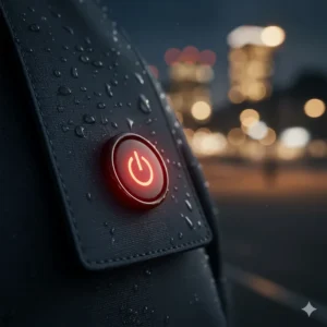 Close-up of an LED temperature control button on a jacket lapel glowing red for high heat.