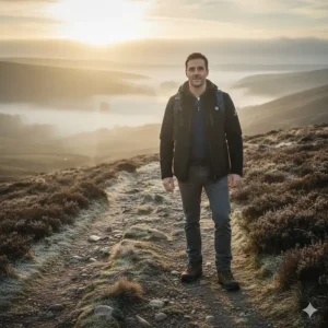 A hiker wearing a lightweight heated jacket for men during a cold-weather trek in the Peak District.