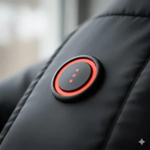 A close-up of a chest-mounted LED control button showing three different heat settings for a battery-powered jacket.