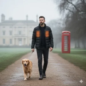A man wearing a stylish black heated puffer jacket while walking a dog in a British park, a versatile alternative to industrial Milwaukee styles.