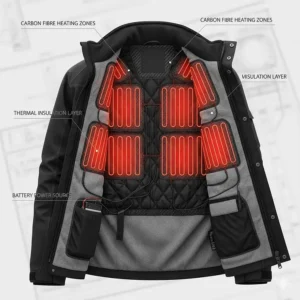 Diagram showing the internal carbon fibre heating zones of a waterproof work jacket.