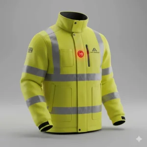 High-visibility yellow waterproof heated jacket for work with reflective safety strips.