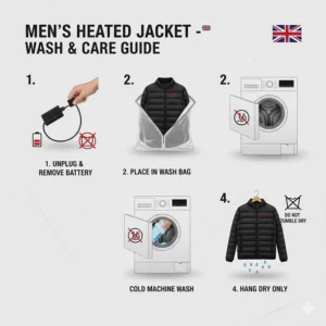 Graphic showing how to safely machine wash a heated jacket after removing the battery pack.