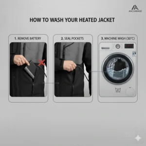 Graphic showing how to safely machine wash a heated jacket after removing the battery pack.
