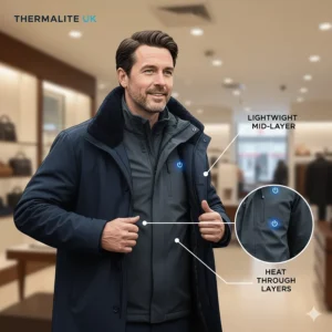 A person wearing a slim-fit electric heated jacket as a mid-layer underneath a heavy winter overcoat.
