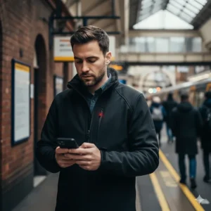 A man wearing a stylish, discreet heated softshell jacket while waiting at a UK train station platform.