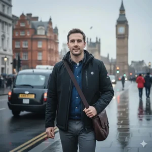 A man commuting in London wearing a smart heated jacket over business casual attire.