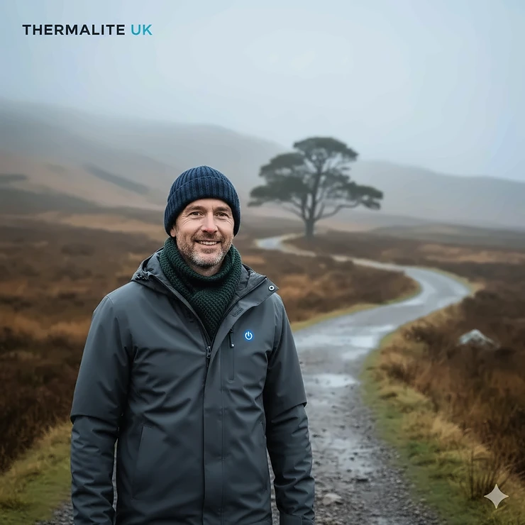 A man hiking through a misty British landscape wearing a black waterproof electric heated jacket with a visible LED power button on the chest.