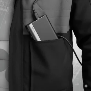 A slimline rechargeable power bank fitting into the dedicated internal pocket of a heated jacket.