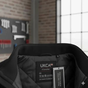 Close-up of the UKCA safety mark on a heated jacket label, ensuring the alternative meets UK safety standards for electronic workwear.