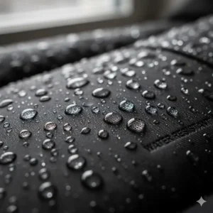 Close-up of raindrops beading on the water-resistant outer shell of a heated winter jacket.