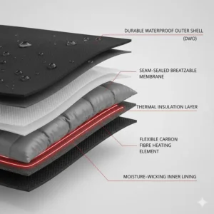 Close-up illustration of the waterproof and breathable outer layer of a heated work jacket.