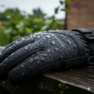 Close-up of water droplets beading on a waterproof heated glove, demonstrating durability for the British climate.