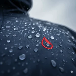 Close-up of water droplets beading on the surface of a waterproof heated coat, highlighting its suitability for UK rain.