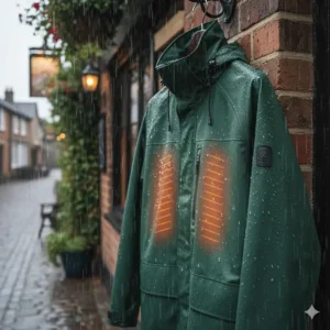 Water droplets beading on a waterproof heated coat, demonstrating its effectiveness in typical British wet weather.