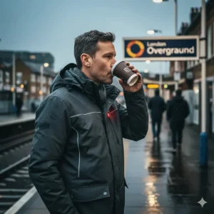 A man wearing a waterproof heated jacket while waiting for a train on a cold morning in London.