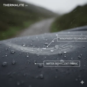 A detailed view of the windproof and water-resistant outer shell fabric of a premium electric heated jacket.