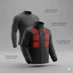 Illustration of a layering system featuring a thermal base layer, heated jacket, and outer safety gear.