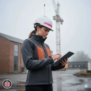 A woman working outdoors in a tailored heated softshell jacket, showcasing inclusive sizing for Milwaukee alternatives in the UK.