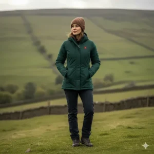 A woman wearing a tailored, insulated heated jacket with a hood, designed for outdoor activities in the UK.