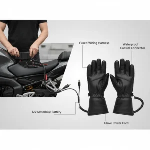 Close-up of an LED temperature control button on a motorcycle glove showing different heat settings for winter riding.