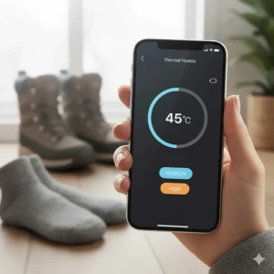 Close-up of a smartphone app controlling the temperature settings of electric socks for cold-weather comfort.
