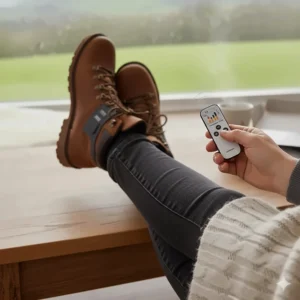 Alt text for image 4: A person using a remote control to adjust the heat settings of rechargeable insoles inside walking boots.