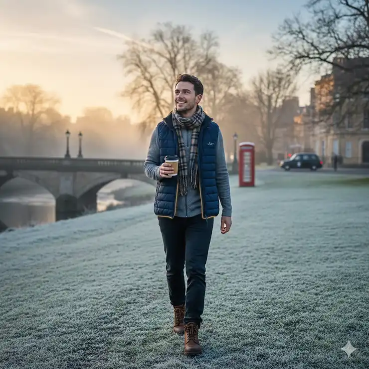 A person wearing a stylish heated gilet and thermal layers while walking in a misty British park, showcasing affordable heated clothing alternatives. affordable heated clothing alternatives