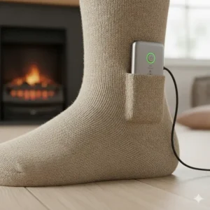A close-up of the slim rechargeable battery pack and power settings integrated into the cuff of a battery heated sock.