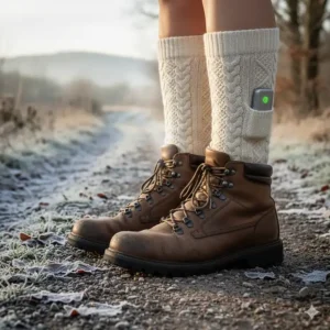 Battery heated socks being worn with leather walking boots, ideal for hiking and outdoor activities in the UK countryside.