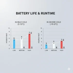 An informative bar chart and line graph showing the battery runtime in hours for the heated neck warmer across different temperature settings in cold UK weather.